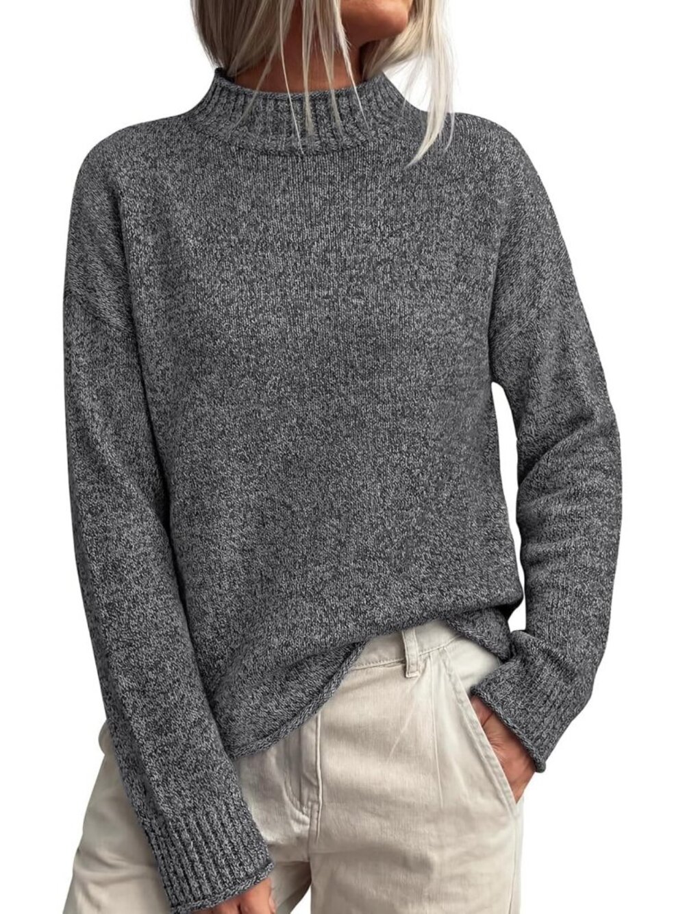 Cozy Women's Roll Mock Neck Ribbed Knit Sweater - Perfect for Fall Outfits